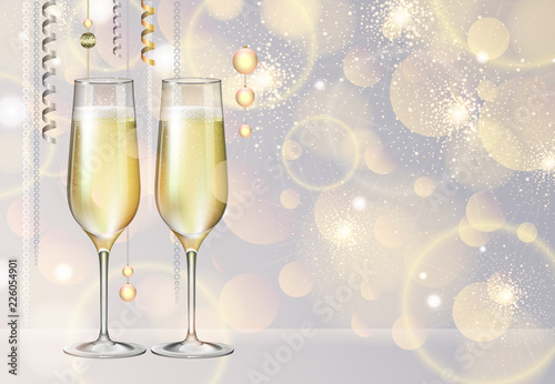 Realistic vector illustration of champagne glasses on blurred holiday silver sparkle background