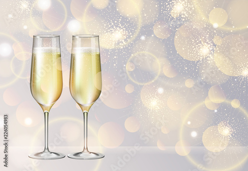 Realistic vector illustration of champagne glasses on blurred holiday silver sparkle background photo