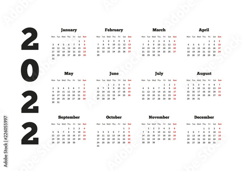 Calendar on 2022 year with week starting from monday, A4 sheet