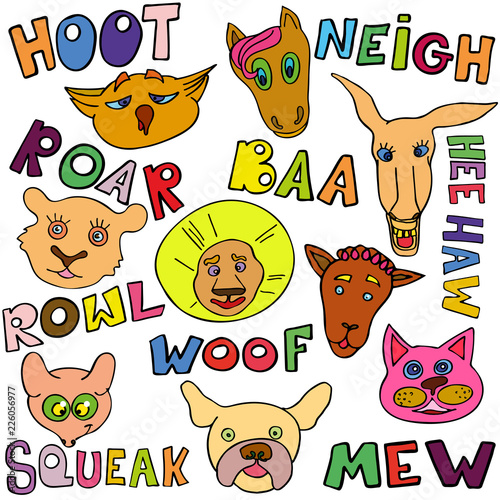 Set of doodle funny and cute animals and their sounds
