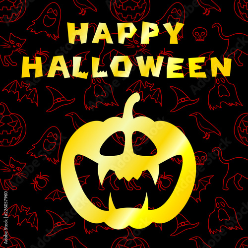 Happy Halloween greeting card. Image of Jack o lantern on black background with outline elements. Carved Pumpkin with evil grin. Vector illustration