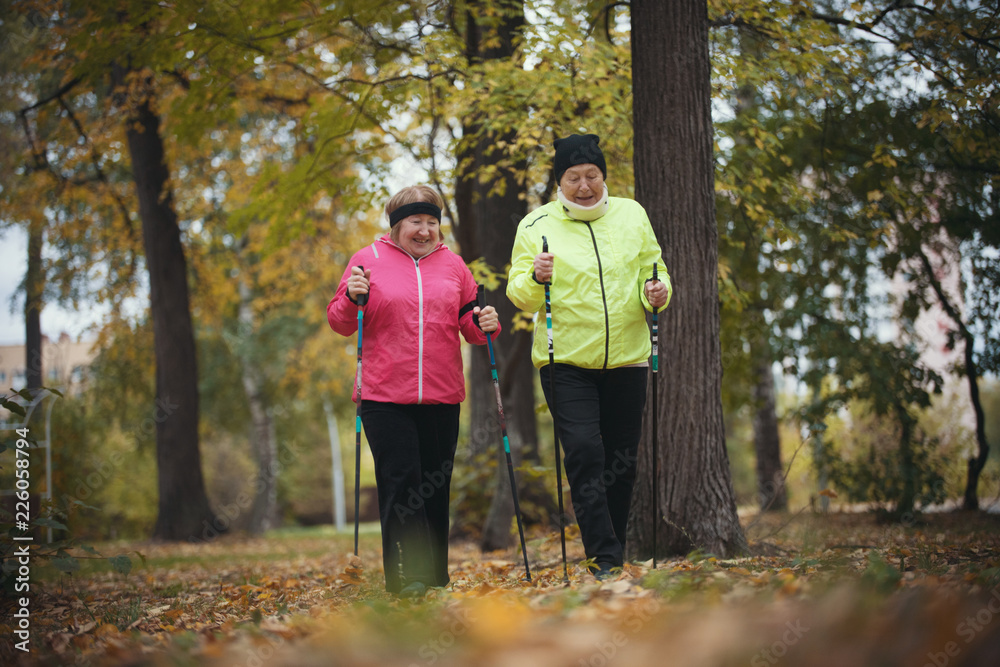 Old women walking in an autumn park during a scandinavian walk. Fall. Orange leaves Old women walking in an autumn park during a scandinavian walk. Fall. Orange leaves
