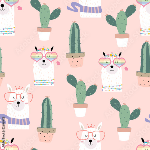 Pink hand drawn cute seamless pattern with llama,heart glasses,cactus in summer