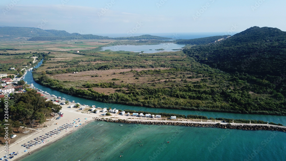 Aerial drone photo of unique beauty of caves and beach o Amoudia near famous beach of Amoudia a natural estuary of river Acheron, Thesprotia, Epirus, Greece Aerial drone photo of unique beauty of caves and beach o Amoudia near famous beach of Amoudia a natural estuary of river Acheron, Thesprotia, Epirus, Greece