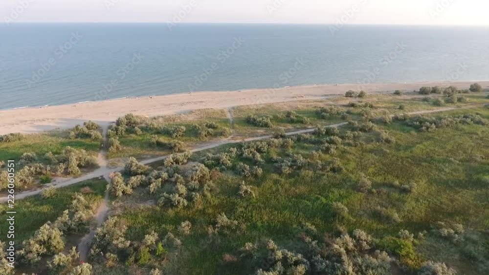  Flight to the seashore over beautiful bushes and grasses. Beautiful blue sea slowly rolls the waves to the shore. Soon the sunset and people enjoy the sea on the shore.