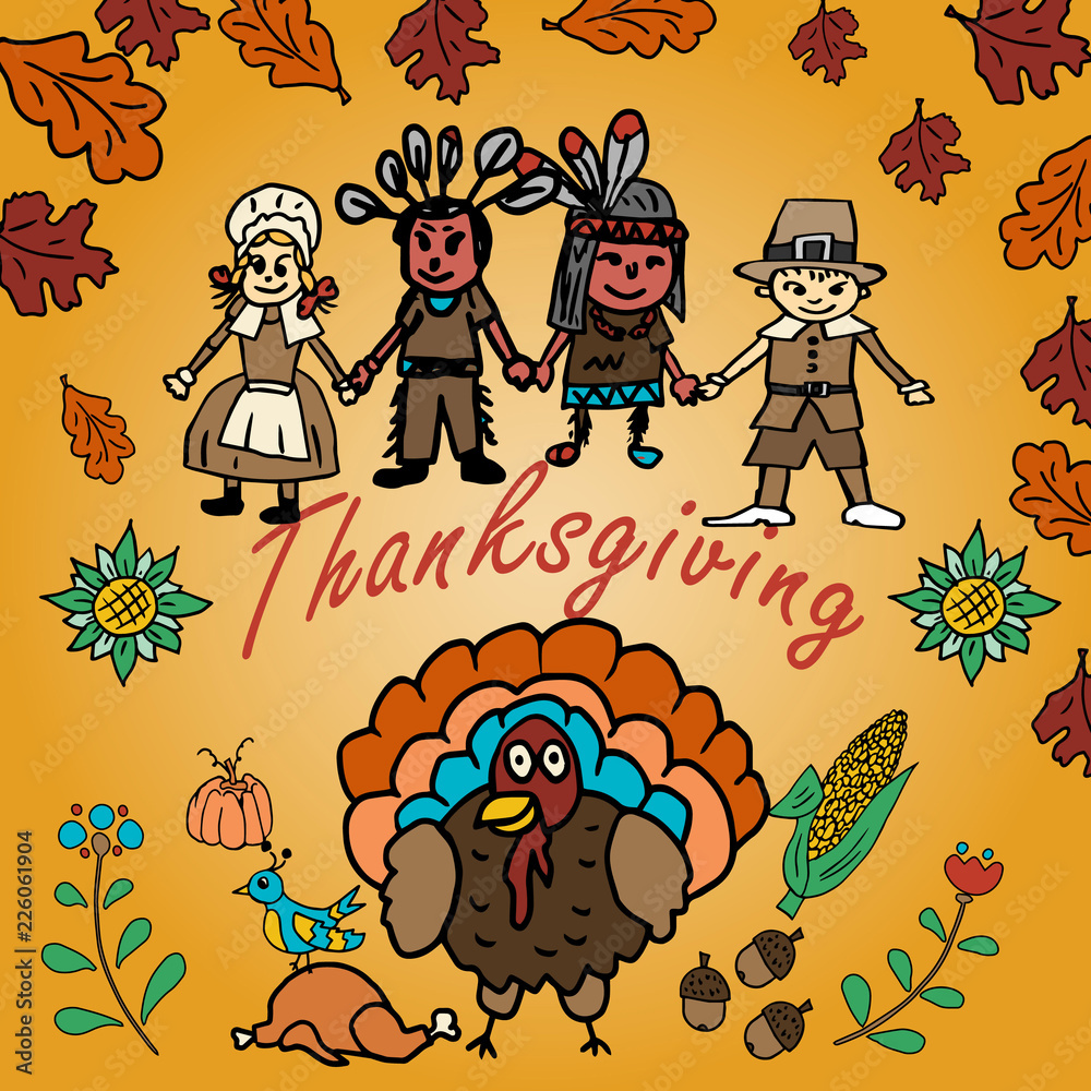illustration in the style_1_of childrens drawing thanksgiving day, Doodle for design and decoration