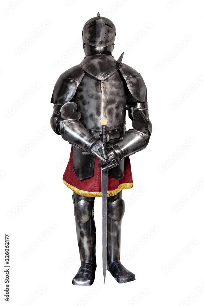 A vintage european full body armor suit isolated against white background