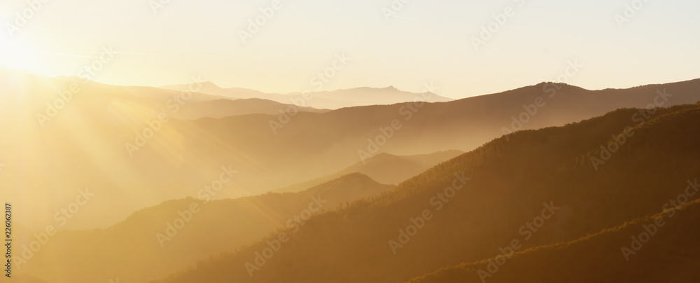 Panorama. Lunigiana hills, north Tuscany, Italy. Beautiful evening landscape.