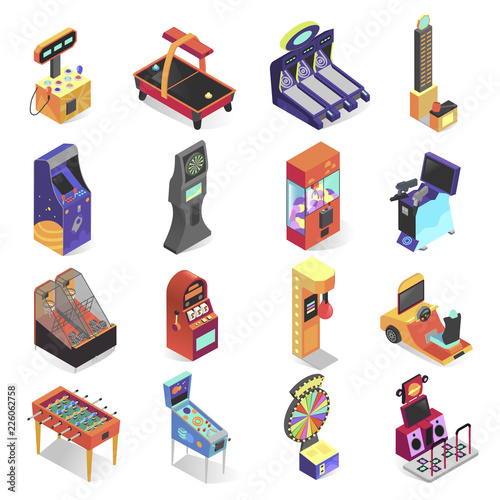 Game machine isometric icon set, electronic entertainment