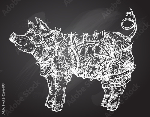 Hand drawn vector illustration steampunk pig. Sketch style drawi