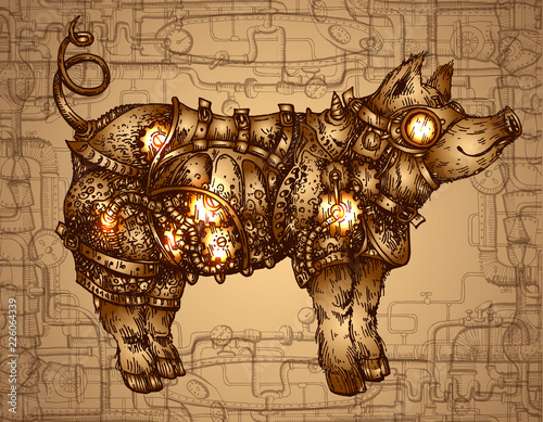 Hand drawn vector illustration steampunk pig. Sketch style drawi