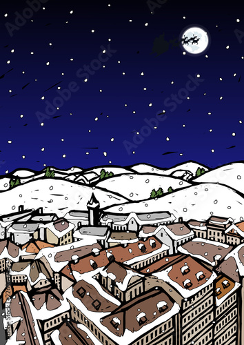 High angle view of snow covered houses in a town and silhouette of reindeers over moon in the sky at night