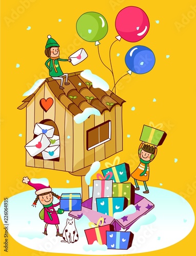 Two girls holding Christmas presents with another girl sitting on a mailbox
