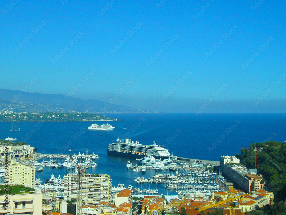 aerial view from village La Turbie to Principality Monaco, Monte-Carlo, port Hercule, Prince Palace, Mountains, yachts, boats, skyscrapers, Menton, cote d'azur coast, french riviera, France