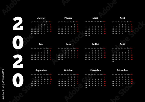2020 year simple calendar on french language on dark background