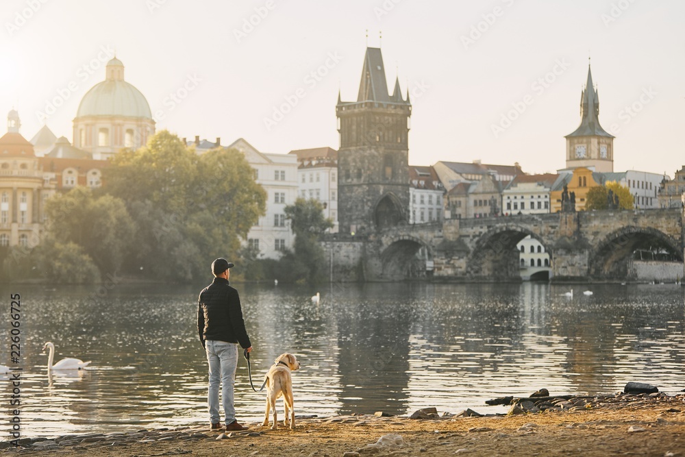 Naklejka premium Morning walk with dog
