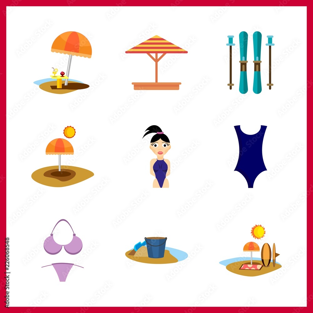 resort vector icons set. sand, sunshade, bikini and swimsuit in this set. resort vector icons set. sand, sunshade, bikini and swimsuit in this set.