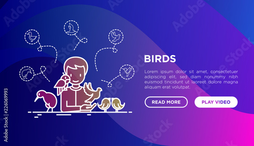 Ornithologist with different types of birds concept. Thin line icons: dove, seagull, kiwi, parrot, sparrow, humming bird. Vector illustration, web page template on gradient background.