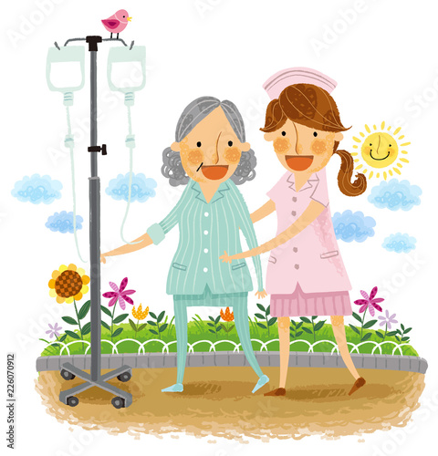 Portrait of nurse and elderly woman with Saline bag on stand