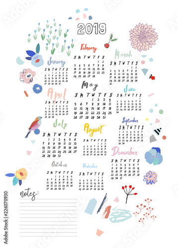 Calendar 2019. Printable creative template. Abstract modern art.