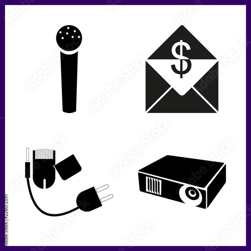 retro vector icons set. projektor spotlight, shabby, envelope and microphone in this set