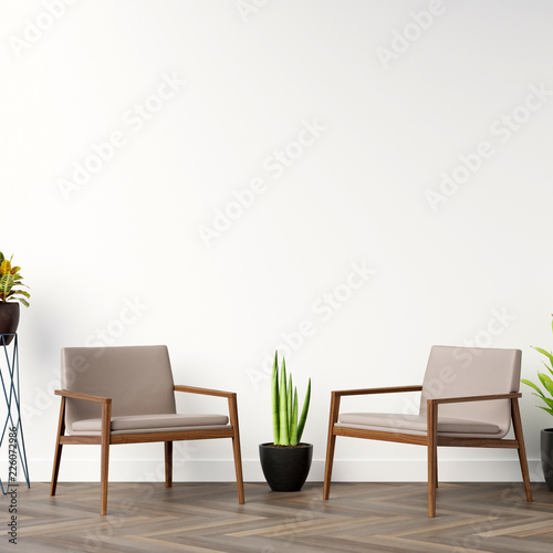 Interior Wall Gallery Mockup with Furniture and Decoration