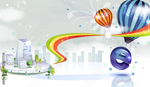 Internet Explorer sign with air balloon and city vector