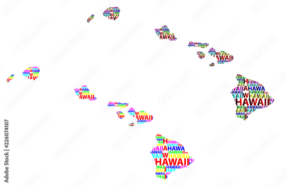 Sketch Hawaii (United States of America) letter text map, Hawaii map - in the shape of the continent, Map State of Hawaii - color vector illustration
