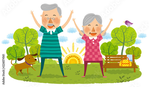 Elderly couple doing laughing exercise photo