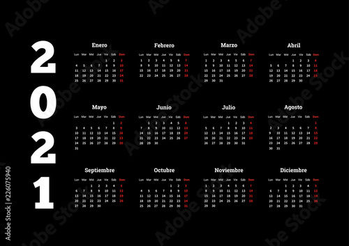 2021 year simple calendar in spanish on dark background