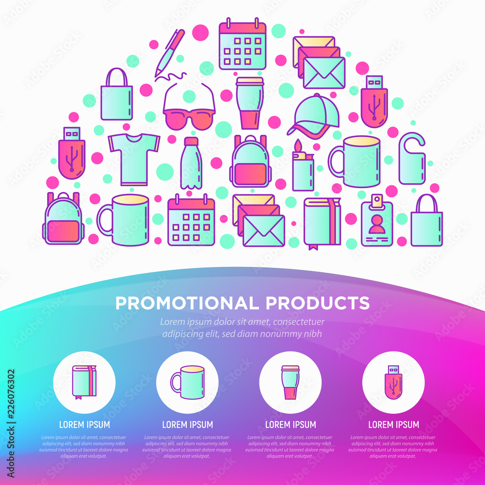 Promotional products concept in half circle with thin line icons: notebook, tote bag, sunglasses, t-shirt, water bottle, pen, backpack, cup, hat, travel mug. Vector illustration, print media template Promotional products concept in half circle with thin line icons: notebook, tote bag, sunglasses, t-shirt, water bottle, pen, backpack, cup, hat, travel mug. Vector illustration, print media template