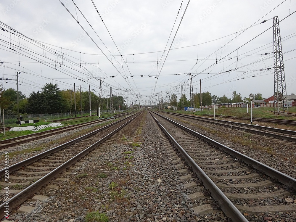 Railroad Railway With Stones and Wires 