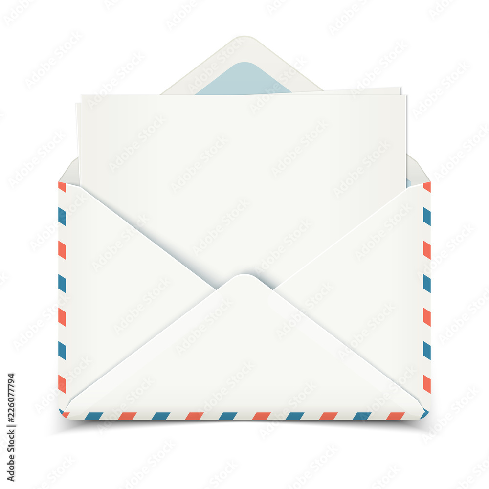White realistic open envelope with blank paper for message template, vector illustration White realistic open envelope with blank paper for message template, vector illustration