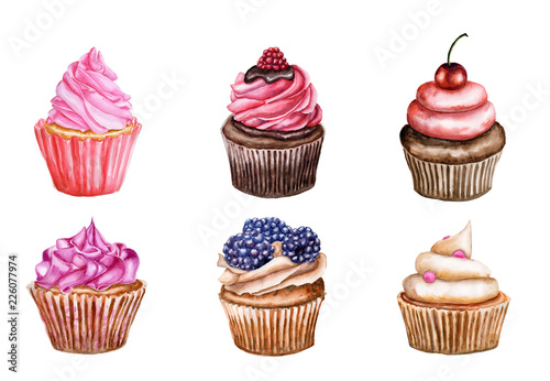 Watercolor set of cupcakes with cream and berry. Cakes is isolated on white background. Muffins for cafe and pastry shop