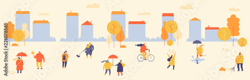 Autumn park with people horizontal banner. People in warm clothes having fun outdoors in urban park. Flat Vector illustration.
