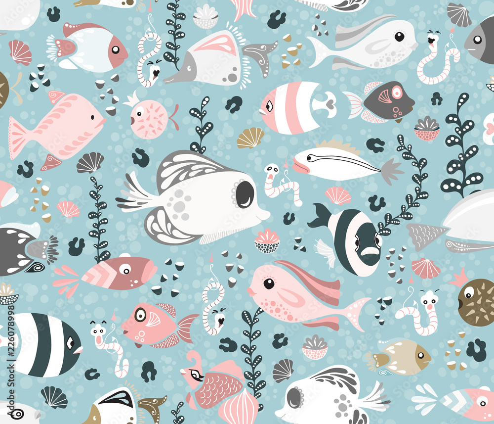 Naklejka premium Funny Fish on Light Blue