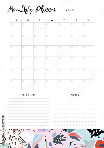 Monthly Planner. Organiser and Schedule with place for Notes and To Do List. Template design. Vector