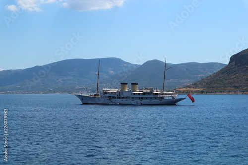 Vintage yacht in the Mediterranean sea, near Monemvasia, Peloponnese, Greece