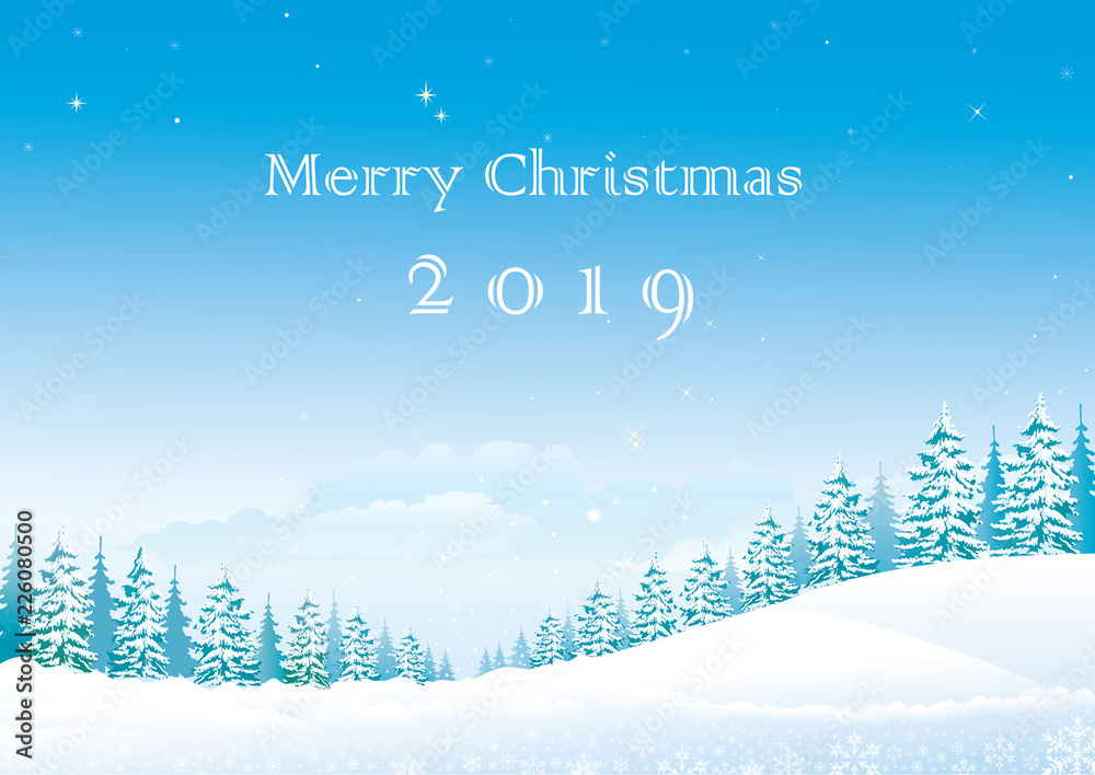 Merry Christmas 2019. Christmas card with winter landscape.