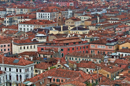 Aerial view of the rooftops and varied architecture of Venice, Italy