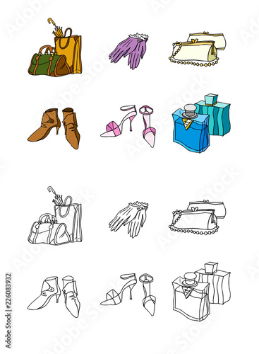 Variation of colorful objects displayed in a row against white background