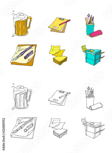 Variation of colorful objects displayed in a row against white background