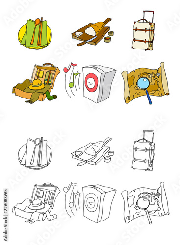 Variation of colorful objects displayed in a row against white background