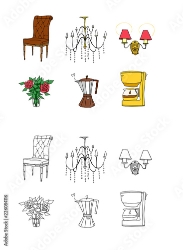 Variation of colorful objects displayed in a row against white background