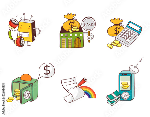 Variation of colorful objects displayed in a row against white background