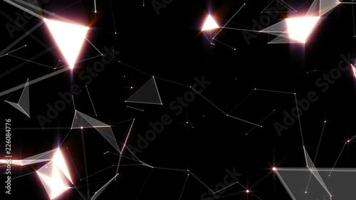 Discharges in space. Dolly zoom. Frame of particles. Approximation and distance of clusters of moving particles. Multi-colored radiance. Abstract business plexus background. Seamless loop.