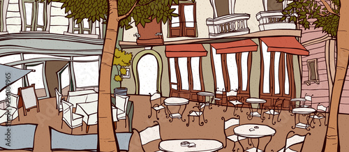 Tables and chairs arranged at cafe by trees outside building