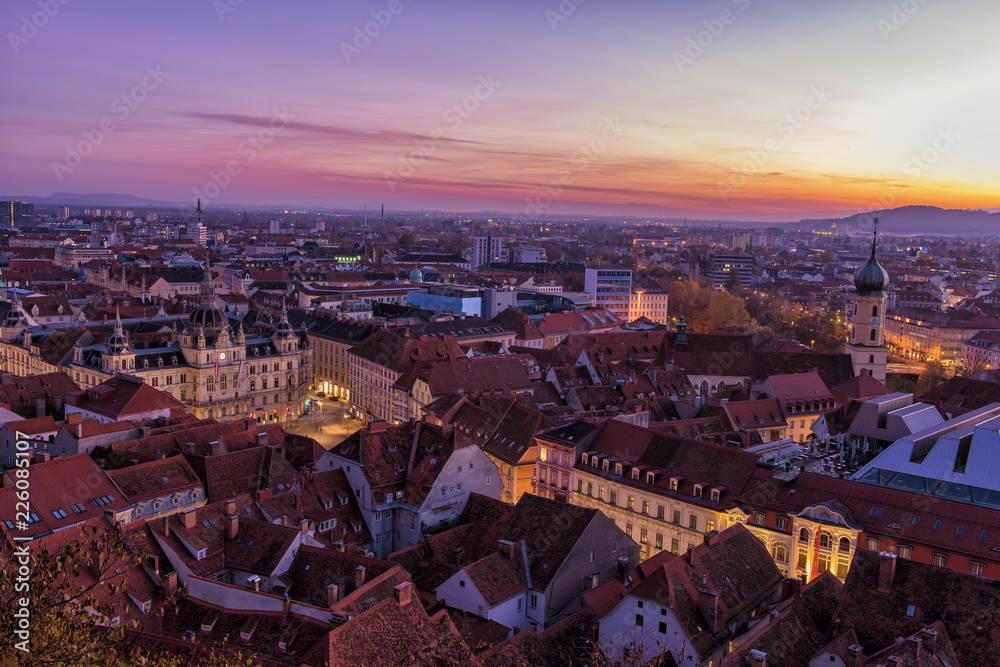 Fototapeta Aerial View of Graz City at sunset