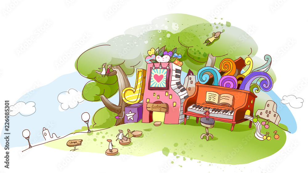 Obraz premium View of an abstract illustration with trees and musical instruments