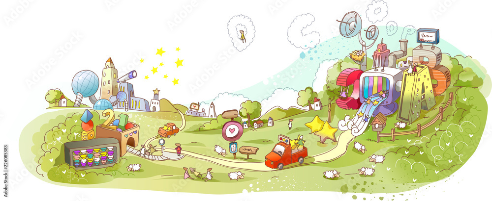 Obraz premium Colorful illustration cars moving through park